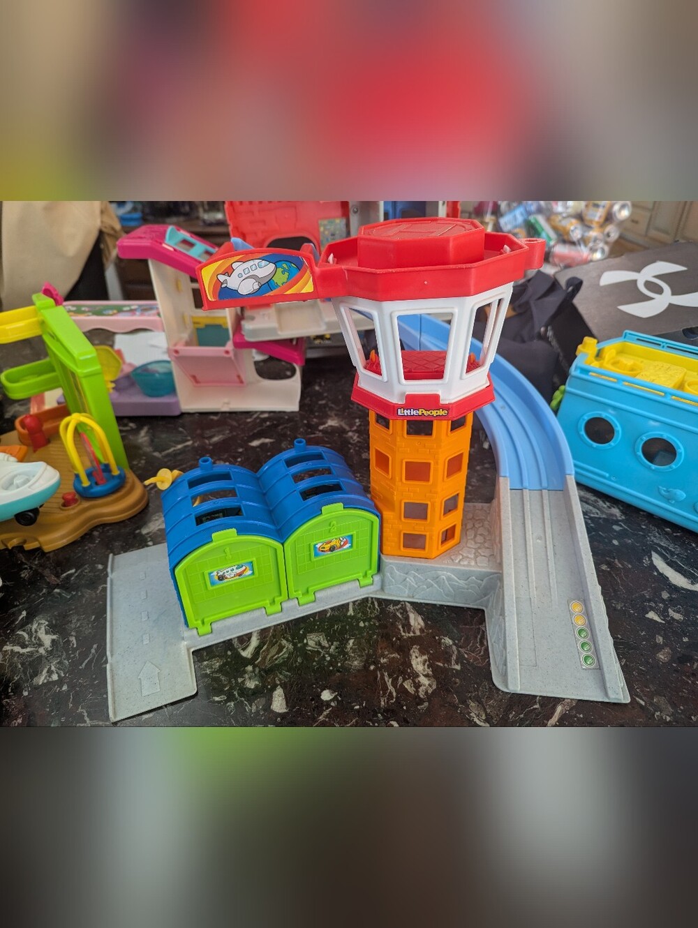 Little People - Airport Control Tower Playset with Blue & Green Garages